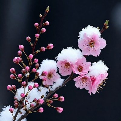 Snow on pink flower branches in winter