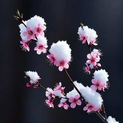 Pink flowers covered in snow
