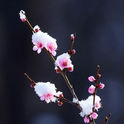 Cherry blossoms and snow on branch