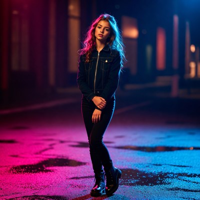 Young girl stands in neon lights