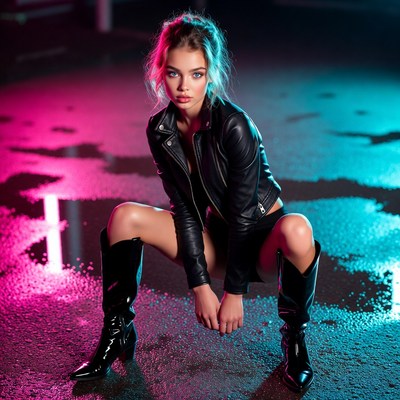 Model posing in neon light setting