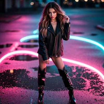 Model posing in neon lights at night