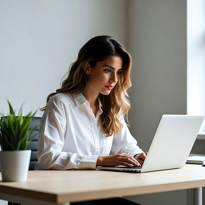 Woman working at desk with laptop