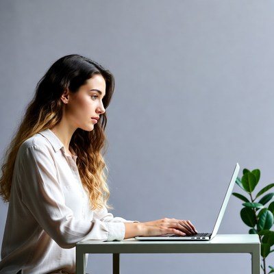 Woman working at computer in indoor space