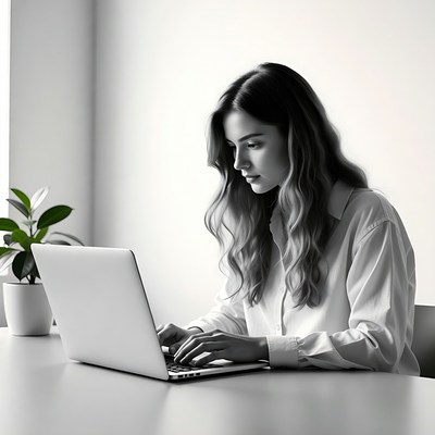Woman working on laptop at desk