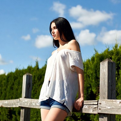 Young woman standing by wooden fence