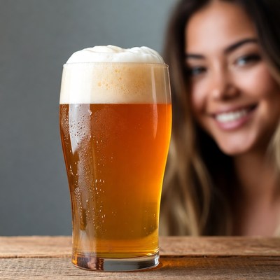 Woman smiling behind a glass of beer