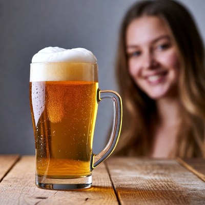 Enjoying a beer at a table