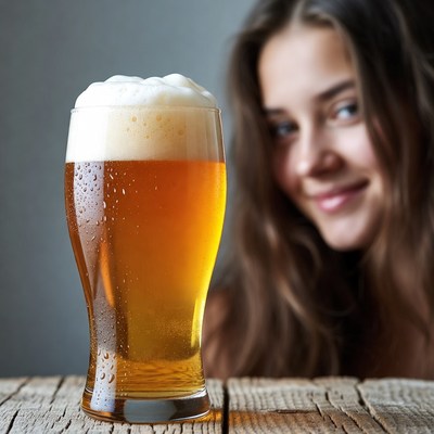 Woman enjoys beer at home