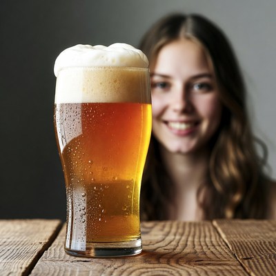 Woman smiling with a glass of beer