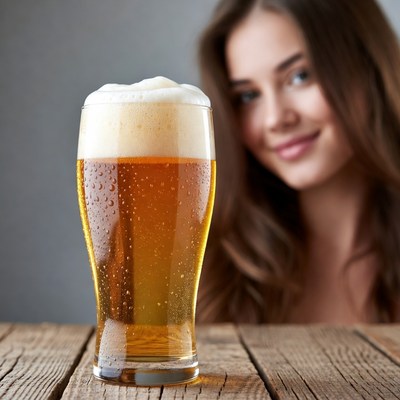 Beer in front of a smiling woman