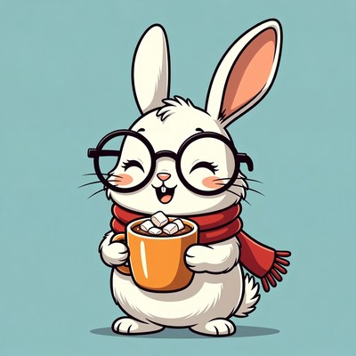 Rabbit holding warm drink with marshmallows