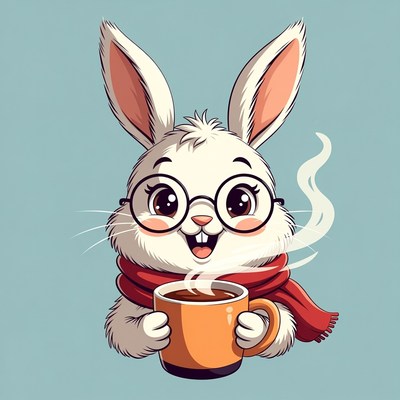 Happy rabbit holding a warm drink