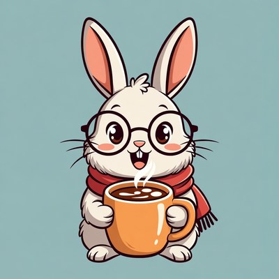 Cute rabbit with a mug of hot drink
