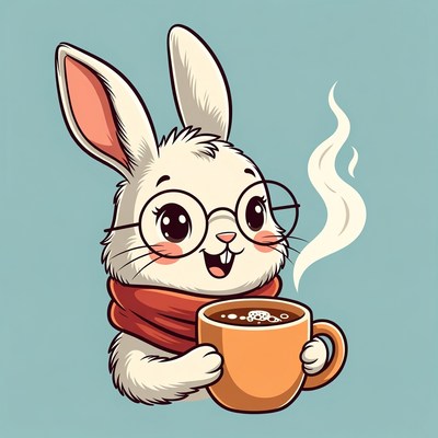 Cute rabbit holds warm drink