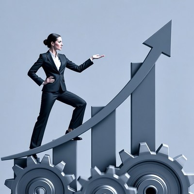 Business growth with woman on gears