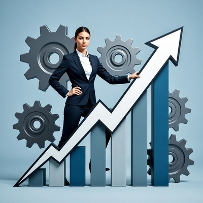 Businesswoman with growth chart and gears