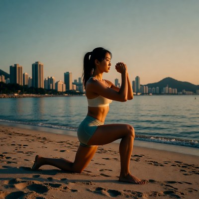 Woman exercising on beach at sunset