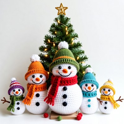 Crocheted snowmen by christmas tree