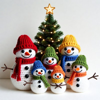 Family of snowmen with christmas tree