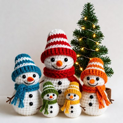 Family of crochet snowmen by a tree