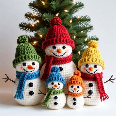 Snowmen family by the tree