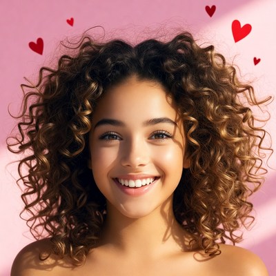 Smiling girl with curly hair and hearts