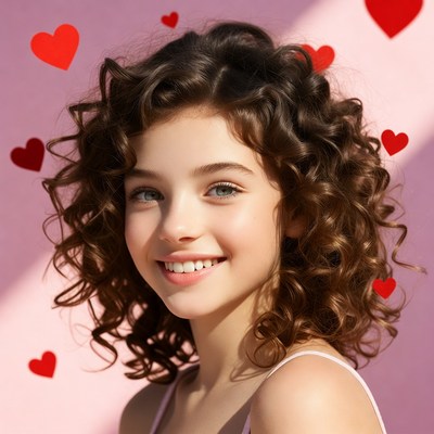 Smiling girl with curly hair and hearts