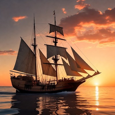 Sailing ship at sunset over the ocean