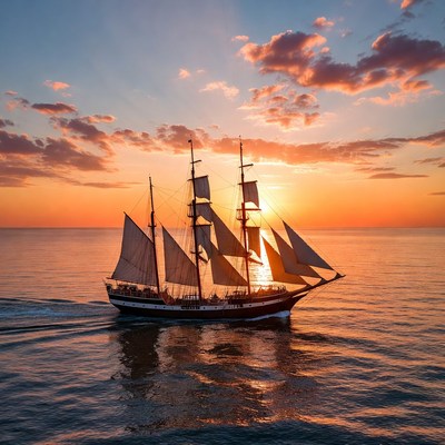Sailboat crossing the ocean at sunset