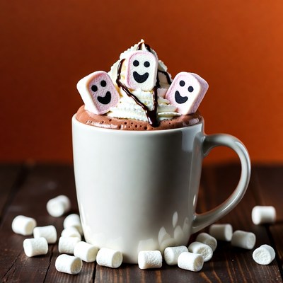 Hot chocolate with marshmallows on wooden table