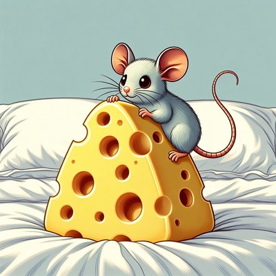 Mouse on cheese in bed