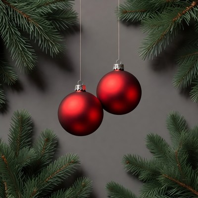Red ornaments hanging on green branches