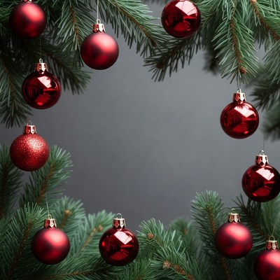 Red ornaments on christmas tree branches