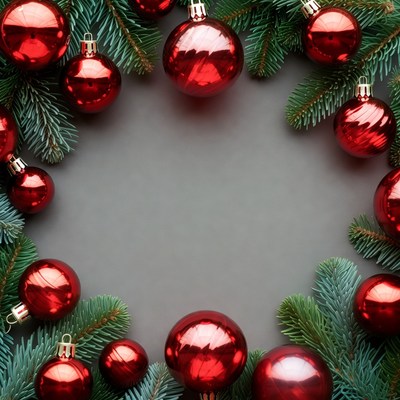 Red ornaments on green branches