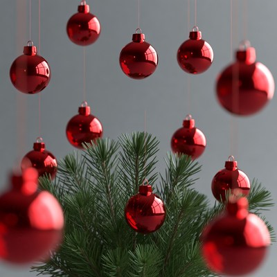 Red ornaments hanging above pine