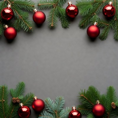 Red ornaments and green branches on dark surface