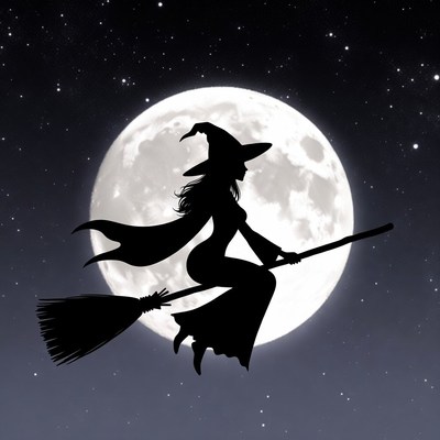 Witch flying across the full moon