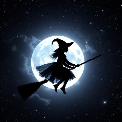 Witch flying on broomstick at night