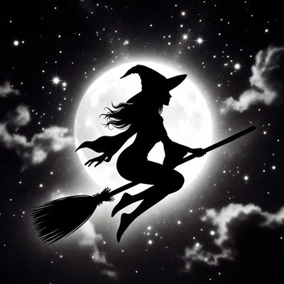 Witch flying on broomstick at night