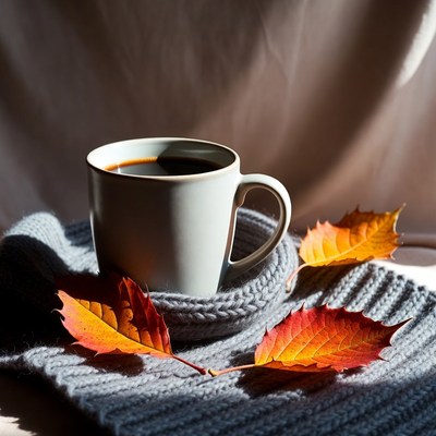 Warm coffee cup with autumn leaves