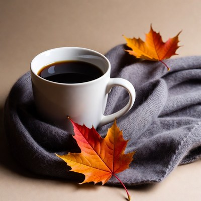 Coffee and autumn leaves on a soft scarf