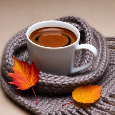 Warm coffee on a scarf with leaves