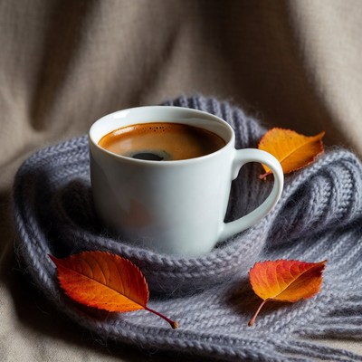 Coffee cup with autumn leaves on wool