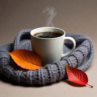Coffee cup with leaves on knit scarf