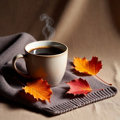 Warm coffee cup with autumn leaves