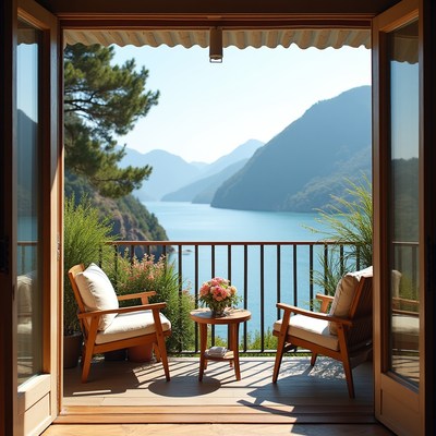 Mountain view from balcony with chairs
