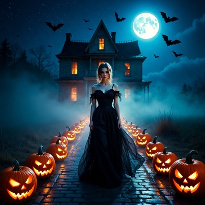 Woman walking among pumpkins at night