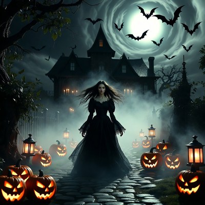 Woman walks near spooky house with pumpkins