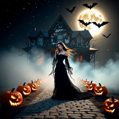 Halloween night with pumpkins and bats